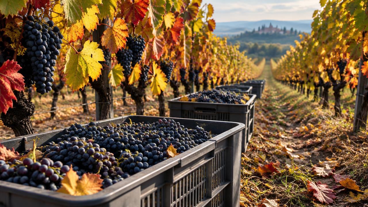 Crates of dark grapes between vine rows during autumn harvest