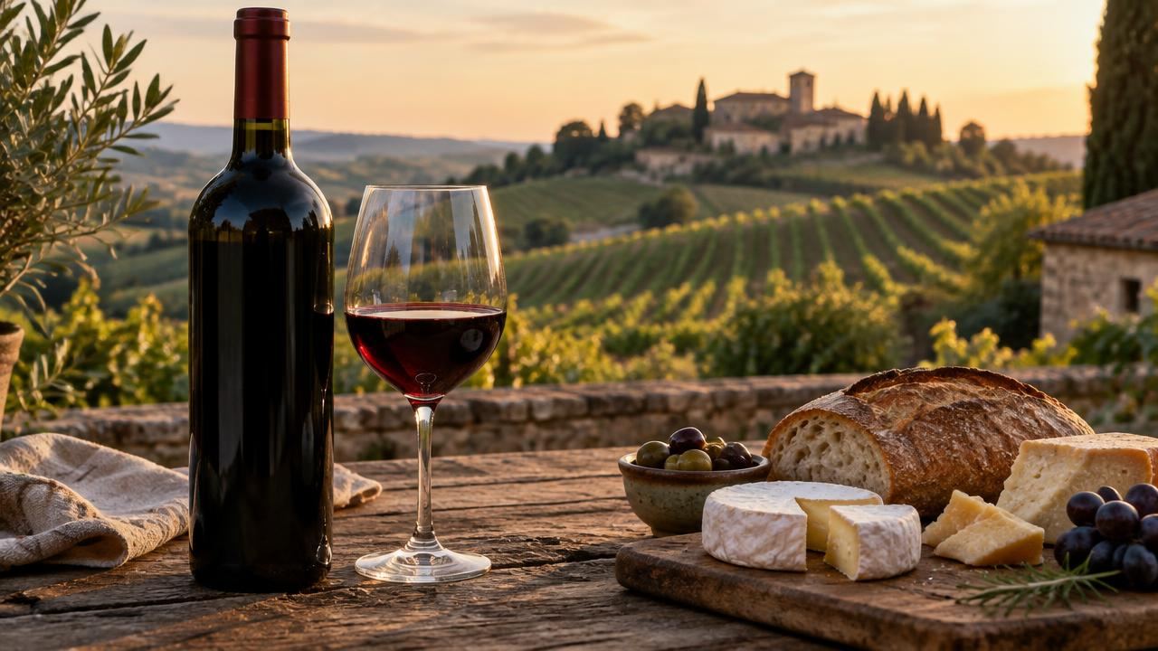 Bottle of red Bordeaux with bread and cheese overlooking hillside vineyards