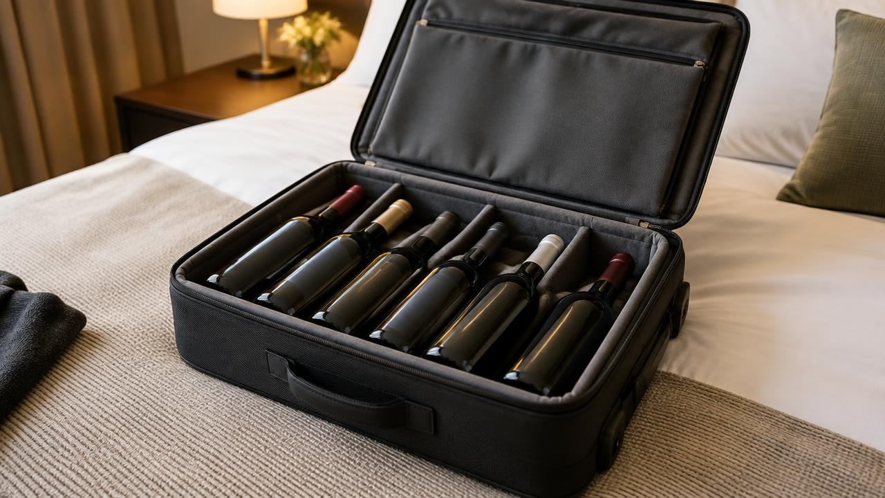 Wine bottles packed in a padded travel case on a hotel bed
