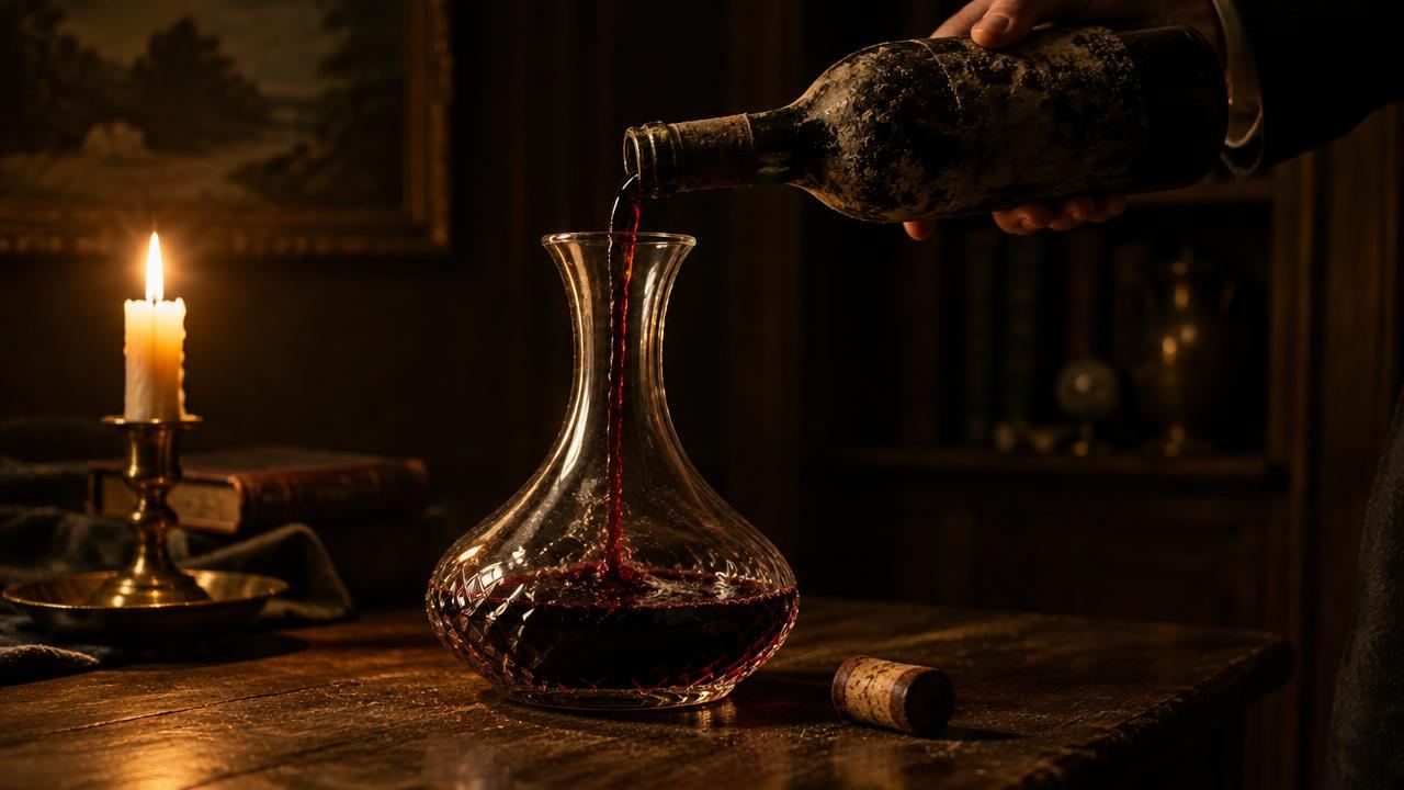 Old dusty wine bottle being decanted into a crystal decanter by candlelight