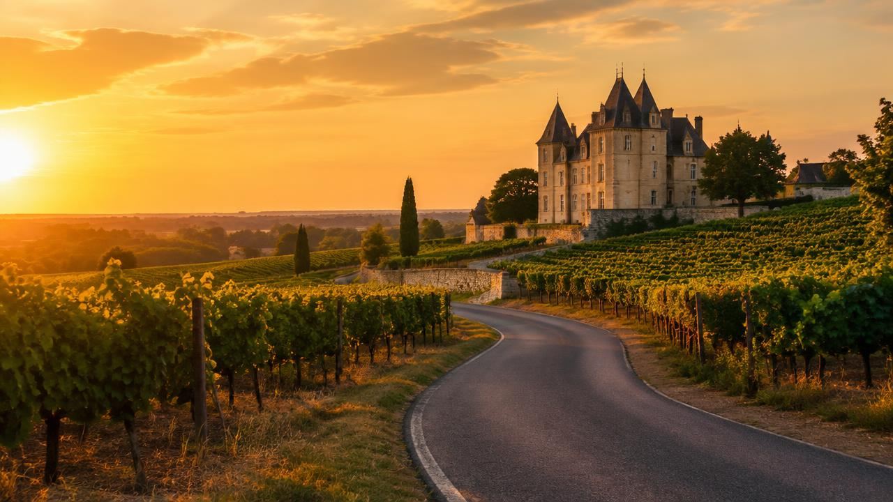 Winding road through Bordeaux vineyards toward a limestone château at sunset