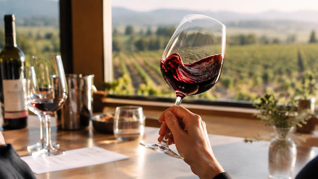 Hand swirling red wine in a glass at a winery tasting table