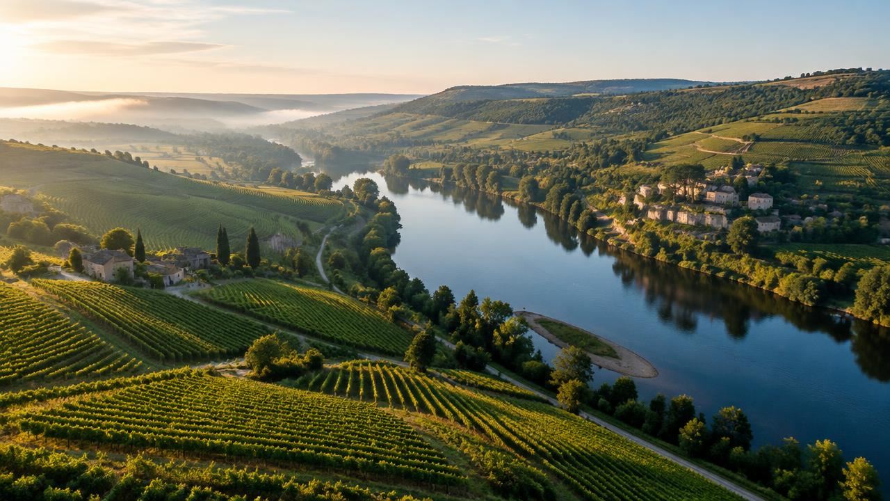 Aerial view of the Dordogne river winding between vineyard hills