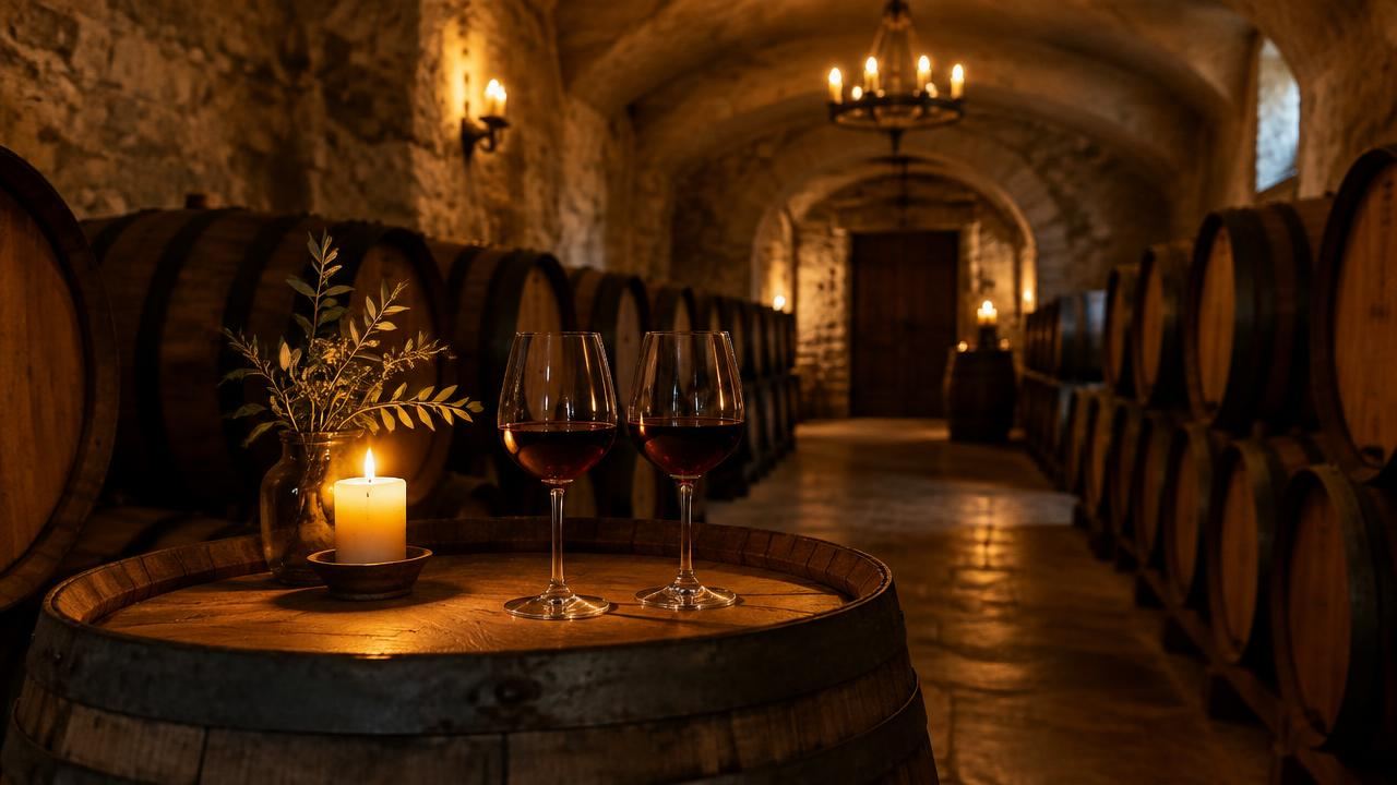 Two glasses of red wine on a barrel in a candlelit château cellar